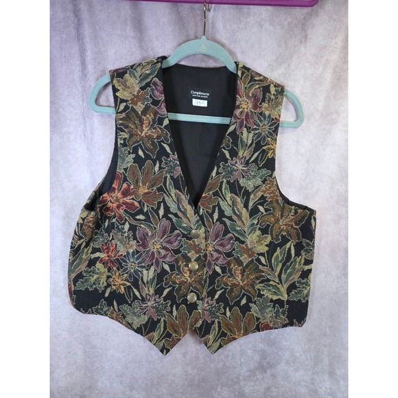 Floral Tapestry Vest Womens Size L Black Multicolor Textured Button Up Career - Picture 1 of 7